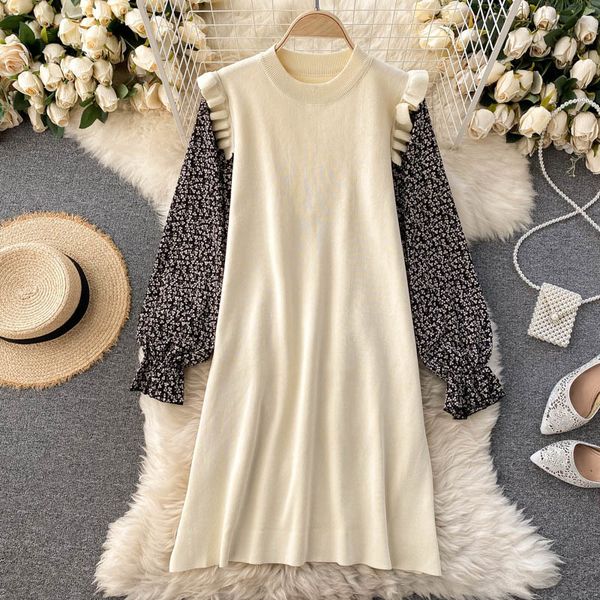 

women korean ruffle dress o neck puff sleeve loose dress autumn casual waist elastic knitted patchwork dress 210419, Black;gray