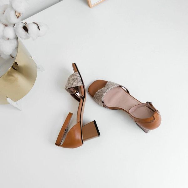 

band women sandals brown apricot colors fashion square heel cow leather shoes elegant sweet, Black