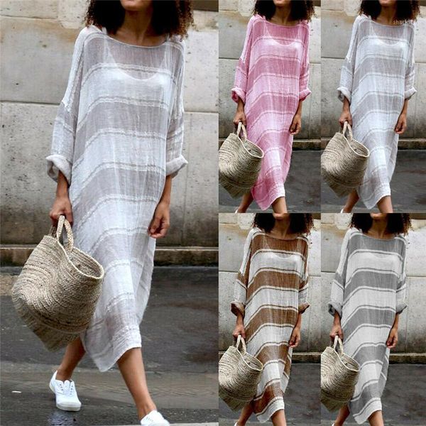 

fashion women casual loose striped dress long sleeve boho kaftan tunic gypsy ethnic summer pullover clothes for girls dresses, Black;gray