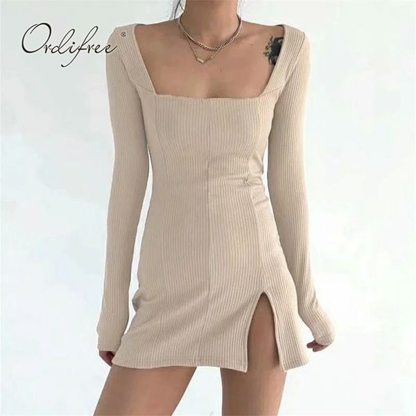 

autumn women knitted dress long sleeve slit bodycon mini 210513, Black;gray