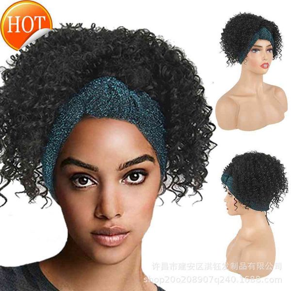

headband wig fashion fluffy small curly short head cover, Black