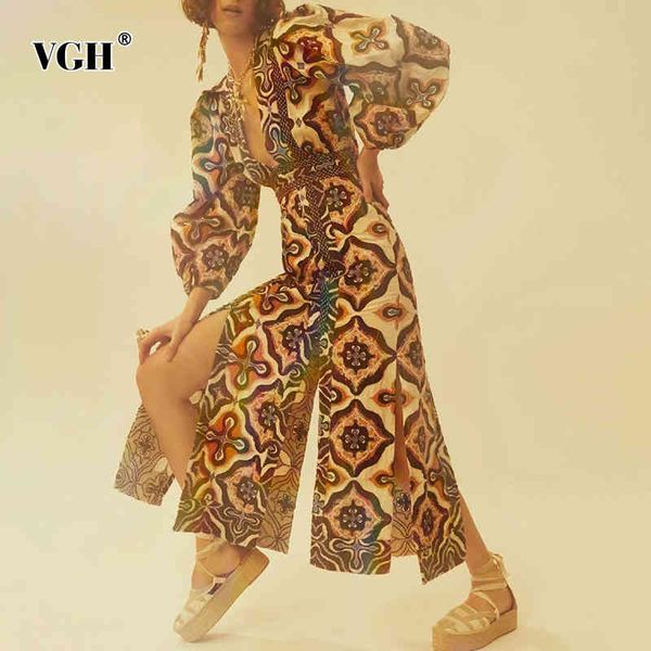 

vgh print split dress for women v neck puff sleeve high waist hit color vintage dresses female spring fashion new clothing style 210421, Black;gray