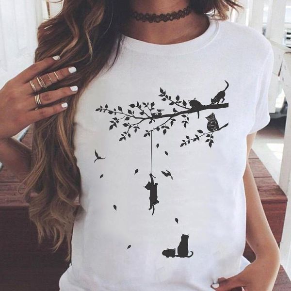 

women's t-shirt women graphic printing fashion cat animal 90s clothing short sleeve cartoon summer print female clothes tees tshirt, White