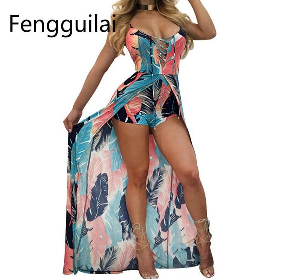 

mujer body beach jumpsuit romper women backless lace up combishort femme ladies feather print playsuits summer overalls women's jumpsui, Black;white