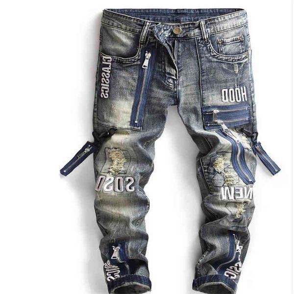 

jeans winter vintage stretch pierced brand men's straight jeans, Blue