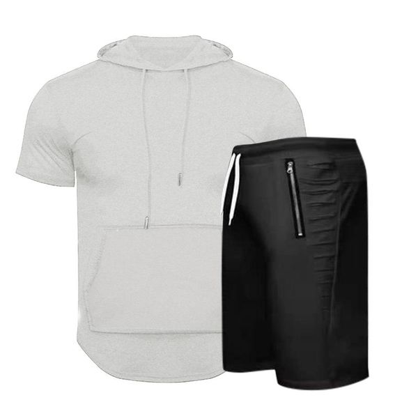 

men's tracksuits summer hooded sporty textured slit short sleeve shorts set males gym workout tracksuit clothing sportwear hombre 2021, Gray