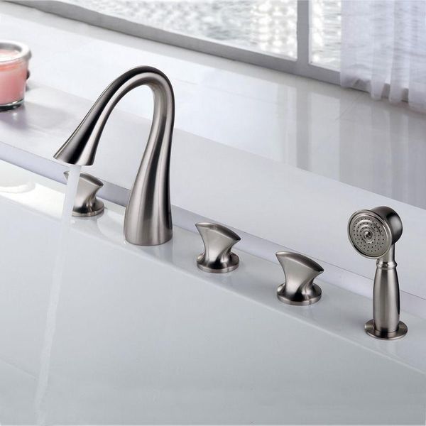 

contemporary nickel brushed five holes three handles waterfall bathtub swan faucet with hand shower bathroom sets