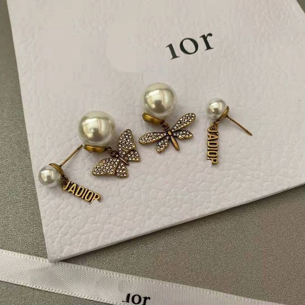 

design jewelry diamond butterfly dragonfly asymmetric pearl letter earrings dual purpose wearing earrings female 925 silver needle