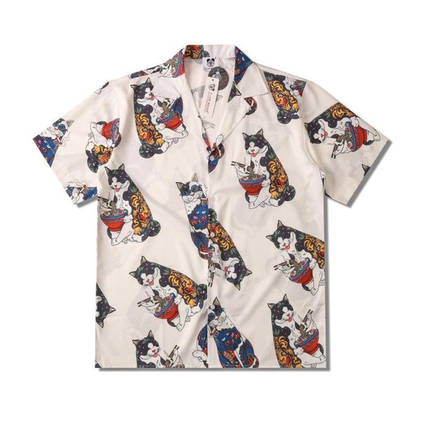 

men's casual shirts 2021 summer mens fortune cat print shirt lovers fashion short sleeve cool thin loose hawaiian beach harajuku lapel, White;black