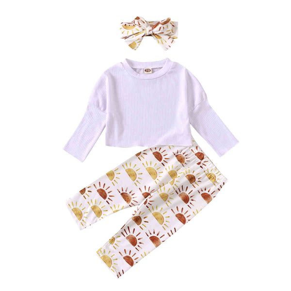 

0-24m autumn spring born infant baby girls clothes set knitted long sleeve sun print pants outfits cute 210515, White