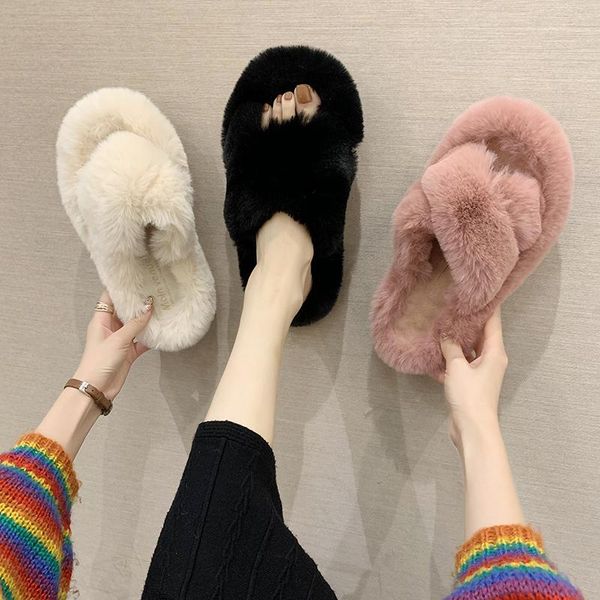 

slippers solid fur flat shoes winter warm faux women fluffy cross plush open toe soft home female slides, Black
