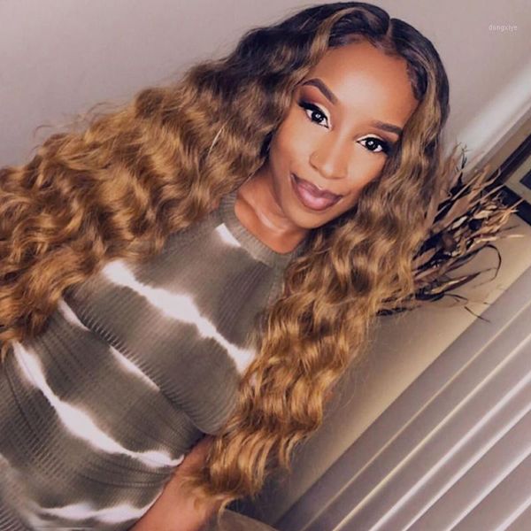 

180% brazilian remy 13x6 curly lace front human hair wigs highlight ombre brown for women 360 frontal wig1, Black;brown