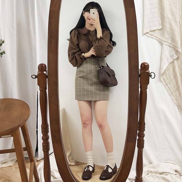 Una linea S-XL Plus Size Gonne estive Plaid Donna Vita alta School Girl Gonna Vintage mini skrits corto Pieghettato 210417