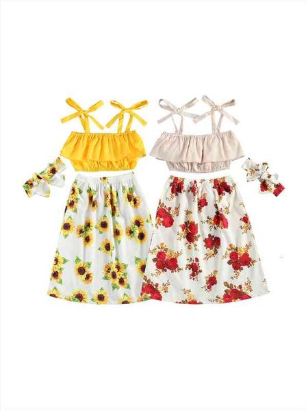 

summer kids girls three piece set lace up solid strap flower sunflower printing skirt hair band, White