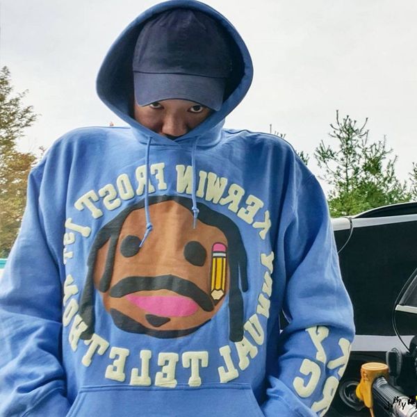 

gaojie chaopai kanye's same foaming letter printing sky blue men's couple's ins sweater and hoodie, Black