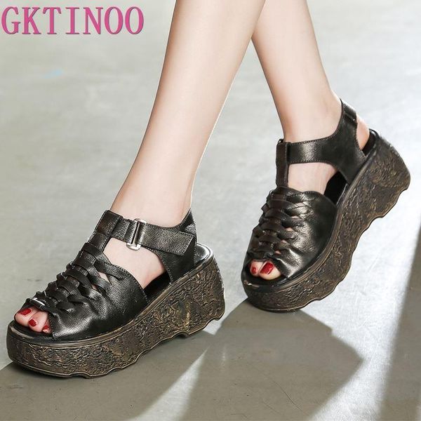 

genuine leather women sandals platform 2021 retro summer shoes 7cm high heels soft handmade, Black