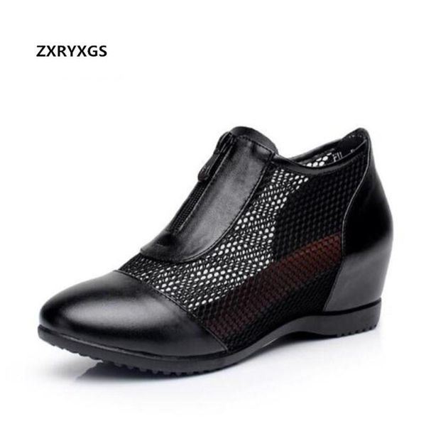 

dress shoes 2021 est summer mesh genuine leather woman sandals increased within comfortable fashion casual large size, Black