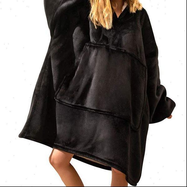 

wearable blanket giant oversize sweat women sweatshirt hooded winter bathrobe sherpa fleece outwears, Black