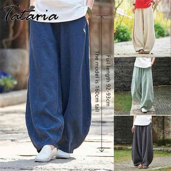 

harem pant hemp bloomer women pants casual loose trouser summer cotton calf-length oversize pockets wide leg 210915, Black;white
