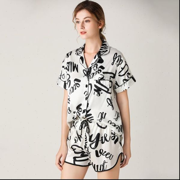 

summer faux silk pajamas women sleepwear set printed nightwear short sleeves homewear, Black;red