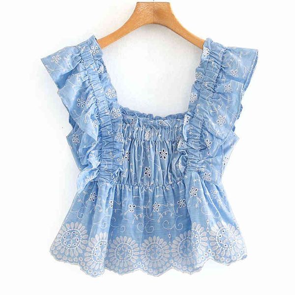 

women's blouses & shirts women vintage blue summer ruffles short blouse female fashion hollow out embroidery flower elastic bust s, White