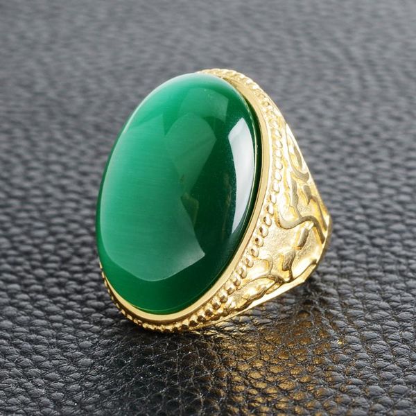 

gold color stainless steel with giant pigeon egg cat's eye stone rings usa size male / female alliance custom made accepted cluster, Golden;silver