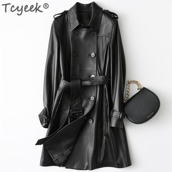 

women's leather & faux tcyeek real montone jacket women genuine sheepskin coat female spring autumn slim double breasted 2021 lwl1453, Black