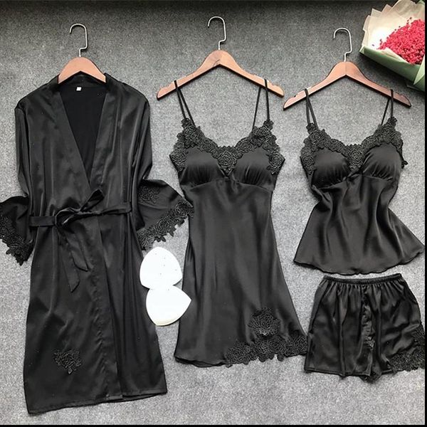 

4 pcs lace womens sleepwears pajamas sets spaghetti strap with chest pad night shorts belt cardigan set sleepwear, Black;red