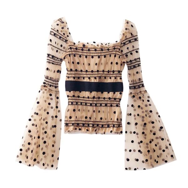 

summer women retro polka dot crop blouse slash neck puff long flare sleeve chic female stretch slim mesh shirt women's blouses & s, White