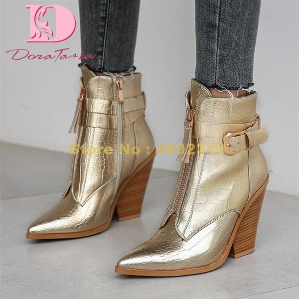 

boots ladies chunky high heels ankle pointed toe zipper buckle women party office shoes, Black