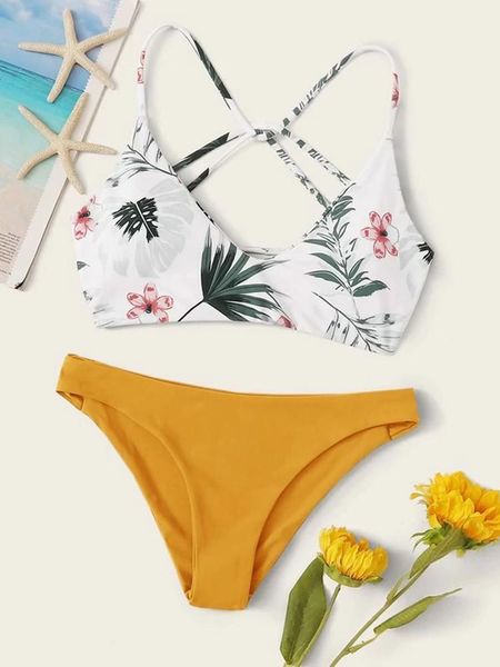 

women's swimwear 2021 leaf print bikini women bandeau biquini swimsuit female bathing suit push up set beachwear, White;black