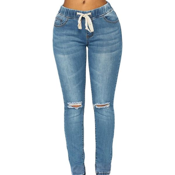 

women's jeans women casual ripped medium wash broken hole lady female fashion low-waist adjustable lac-up long pants, Blue