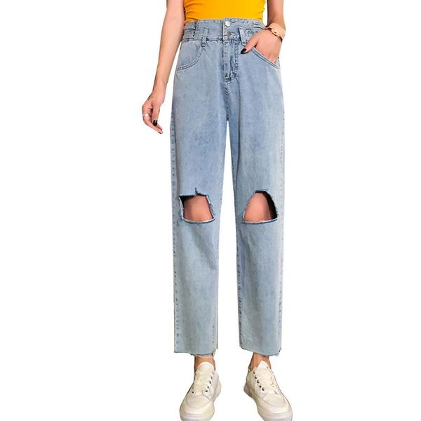

high-waist ripped jeans women loose fit straight wide leg pants irregular autumn in 2021 women's, Blue