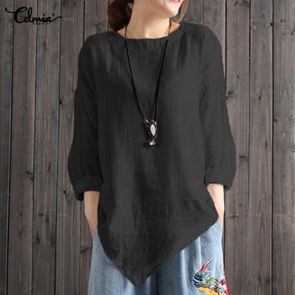 

women's blouses & shirts 2021 celmia fashion women casual long sleeve asymmetrical shirt solid loose blusas plus size work tunic, White