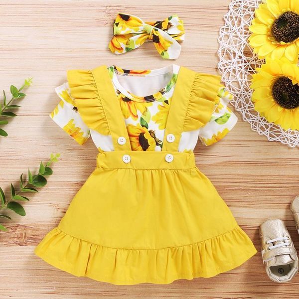

clothing sets kids baby summer set lovely fashion infant girls clothes +headwear+skirts 3pcs sunflower suit1, White