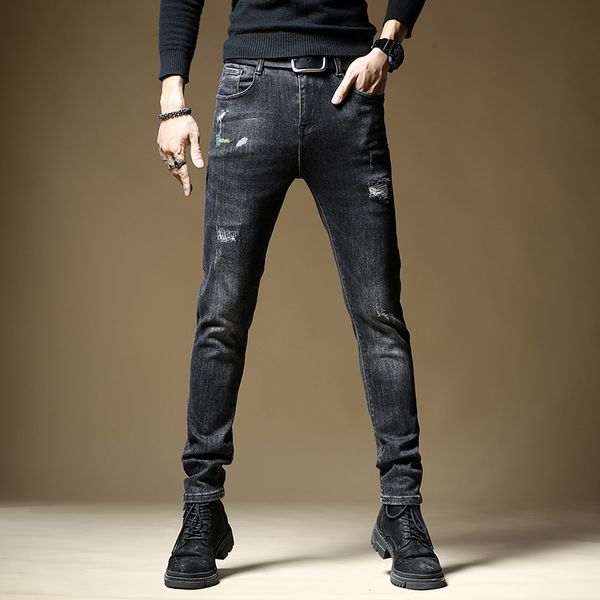 

Men's jeans small foot pants hole repair stretch pants trendy fashion spring and autumn models tight, Blue