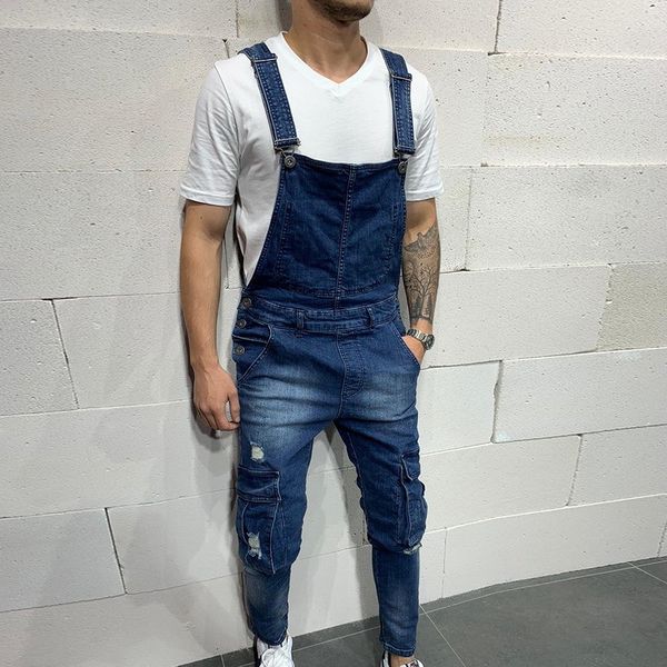 

men's jeans oeak ripped jumpsuits denim bib pants rompers plus size one-piece garment men fashion clothing r4ed, Blue