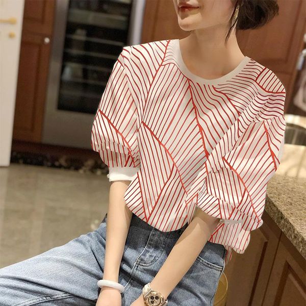 

women's t-shirt red lantern sleeve female stripe short loose 2021 summer t shirt for women vintage streetwear, White