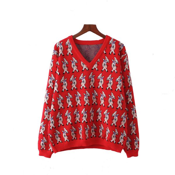 Maglione rosso stampa maiale scollo a V pullover lavorato a maglia manica lunga inverno autunno M0200 210514