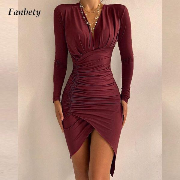 

casual dresses women deep v neck wrap party dress 2022 spring fashion slim fit bodycon pleated autumn long sleeve solid irregular, Black;gray