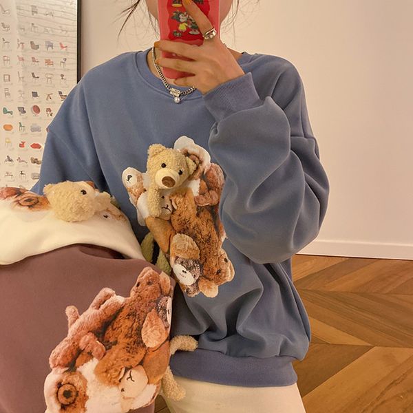 

3 colors autumn winter korean style 3d bear women sweatshirts long sleeve loose thick sweatshirt womens pullovers (f4140) 210423, Black