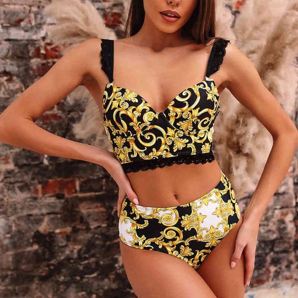 

vintage female bikini set black floral yellow lace two push-up swimsuit suits quilted bra high waist bath beachwear, White;black