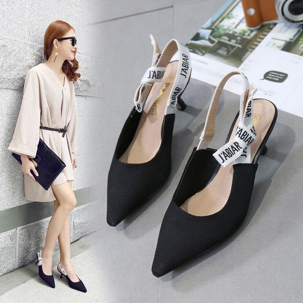 

dress shoes 2021 summer slim heel tie back hollow pointed shallow bow sandals for women, Black