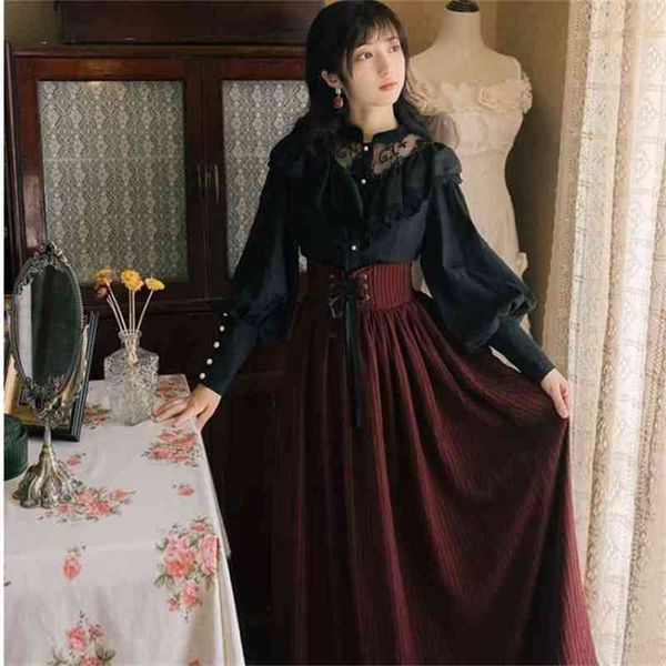 Bahar Siyah Tam Kollu Bluz Iki Parçalı Kıyafetler Üst Ve Çizgili Etek Seti Takım Elbise Uzun Gömlek Kadınlar 210603