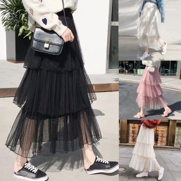 

fashion womens skirt korean style solid mesh fold a-line casual cake ruffles pleated black,white party skirt#g11