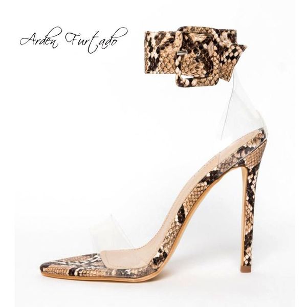 

arden furtado 2021 summer high heels stilettos clear pvc green ankle strap snakeskin sandals ladies party shoes, Black