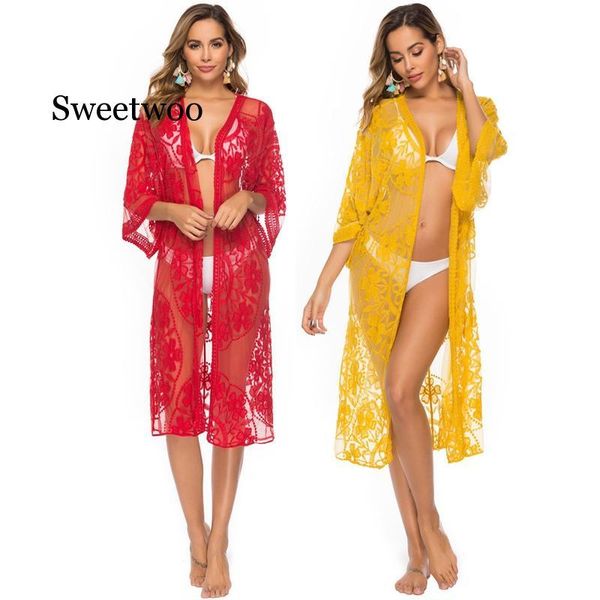 

women's swimwear lace cardigan pareo beach cover up bikini swimsuit bathing suit ups robe de plage dress tunic kaftan, White;black