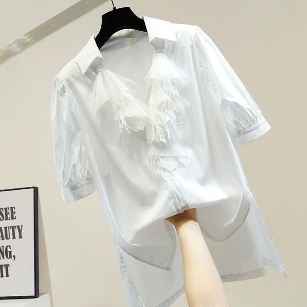 

women's blouses & shirts fashion mesh stitching feather tassel v-neck blouse for women irregular side slit long loose female shirt ladi, White