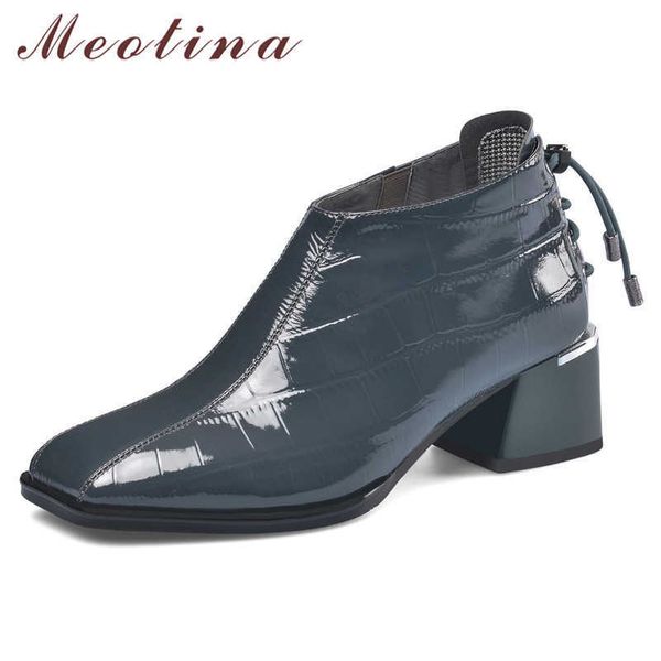 

meotina winter ankle boots women natural genuine leather thick heel short boots fashion square toe shoes lady autumn size 34-39 210608, Black