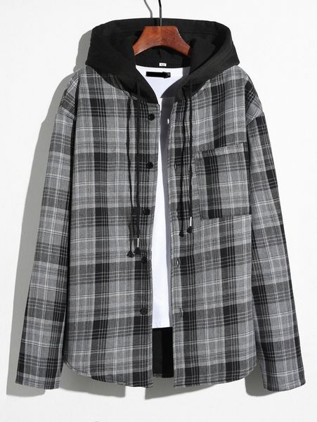 

men plaid contrast hooded jacket without tee u6wh#, Black;brown